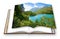 Sils lake in the Upper Engadine Valley in a summer day Europe - Switzerland - 3D render concept image of an opened photo book
