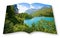 Sils lake in the Upper Engadine Valley in a summer day Europe - Switzerland - 3D render concept image of an opened photo book