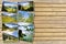 Sils lake in the Upper Engadine Valley in a summer day Europe - Switzerland - Postards concept on wooden background