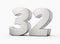 Silver 3d numbers 32 thirty two. Isolated white background 3d illustration