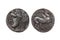 Silver 5 shekel Carthaginian coin with portrait of Tanit the sky goddess and the winged horse Pegasus