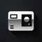 Silver Action extreme camera icon isolated on black background. Video camera equipment for filming extreme sports. Long