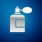 Silver Aftershave bottle with atomizer icon isolated on blue background. Cologne spray icon. Male perfume bottle. Vector