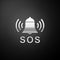 Silver Alarm bell and SOS lettering icon isolated on black background. Warning bell, help sign. Emergency SOS button