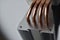 Silver aluminum CPU radiator with copper cooling tubes close-up