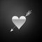 Silver Amour symbol with heart and arrow icon isolated on black background. Love sign. Valentines symbol. Long shadow