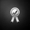 Silver Approved or certified medal with ribbons and check mark icon isolated on black background. Long shadow style