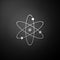 Silver Atom icon isolated on black background. Symbol of science, education, nuclear physics, scientific research. Electrons and