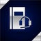 Silver Audio book icon isolated on dark blue background. Book with headphones. Audio guide sign. Online learning concept