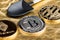 Silver bitcoins ,litecoin,ethereum crypto coin with black shovel