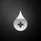 Silver Blood drop icon isolated on black background. Donate drop blood with cross sign. Donor concept. Long shadow style. Vector