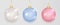 Silver, blue, pink Christmas balls set. Clear glass hang toy. 3d luxury bauble design element. Xmas decoration. New year