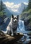 Silver Blue Serenity: A Wolf\\\'s Peaceful Perch by the Waterfall