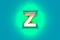 Silver brassy font with yellow outline and green noisy backlight - letter Z isolated on teal background, 3D illustration of
