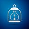 Silver Camping lantern icon isolated on blue background. Vector