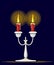 Silver candelabrum with burning red candle. Flat  illustration on dark blue background. Home decor furniture. Candelabra