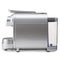 Silver capsule coffee machine, on white background, side view