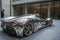 Silver Car Parked in Front of Tall Building, Metallic sports car with intricate designs parked outside a modern art museum, AI