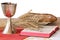 Silver chalice, bible, bread on white background