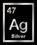 Silver, chemical element, taken from periodic table, on black background