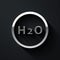 Silver Chemical formula for water drops H2O shaped icon isolated on black background. Long shadow style. Vector