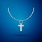 Silver Christian cross on chain icon isolated on blue background. Church cross. Vector Illustration