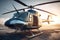 Silver civilian business helicopter against the sky on the helipad. AI generated.