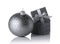 Silver classic gift box with satin bow and glass christmas ball with glittering pattern