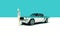 Silver Classic Retro Muscle Car 1960s Style Vintage with Woman in a Silver Swimsuit Salt Flats with Blue Sky