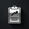 Silver Clipboard with graph chart icon isolated on black background. Report text file icon. Accounting sign. Audit