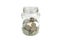 Silver coins fill half of glass jar isolated on white background.