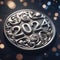 A silver colored relief coin with number 2024 on black background and bokeh lights. Created using an AI generative model.