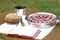 Silver communion ware with open Bible and bread