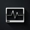 Silver Computer monitor with cardiogram icon isolated on black background. Monitoring icon. ECG monitor with heart beat