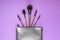 Silver cosmetic bag with makeup brushes on a pink background. Set of decorative accessories for woman. Top view, flat lay