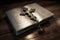 Silver crucifix on an aged Holy Bible On a pine wood background with dark shadows. Generative AI