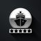 Silver Cruise ship icon isolated on black background. Travel tourism nautical transport. Voyage passenger ship, cruise