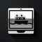 Silver Cruise ship icon isolated on black background. Travel tourism nautical transport. Voyage passenger ship, cruise