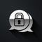 Silver Cyber security icon isolated on black background. Closed padlock on digital circuit board. Safety concept