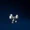 Silver Drone flying with action video camera icon isolated on blue background. Quadrocopter with video and photo camera