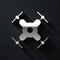 Silver Drone flying icon  on black background. Quadrocopter with video and photo camera symbol. Long shadow