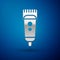 Silver Electrical hair clipper or shaver icon isolated on blue background. Barbershop symbol. Vector