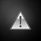 Silver Exclamation mark in triangle icon isolated on black background. Hazard warning, careful, attention, danger