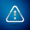 Silver Exclamation mark in triangle icon isolated on blue background. Hazard warning sign, careful, attention, danger