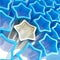 Silver extruded star among blue ones as background