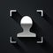 Silver Face recognition icon isolated on black background. Face identification scanner icon. Facial id. Cyber security