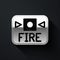 Silver Fire alarm system icon isolated on black background. Pull danger fire safety box. Long shadow style. Vector