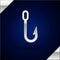 Silver Fishing hook icon isolated on dark blue background. Fishing tackle. Vector Illustration