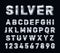 Silver font. 3d steel chrome alphabet. Metal letters and numbers, metallic platinum typography decorations. Modern