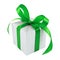 Silver gift wrapped present with green satin bow